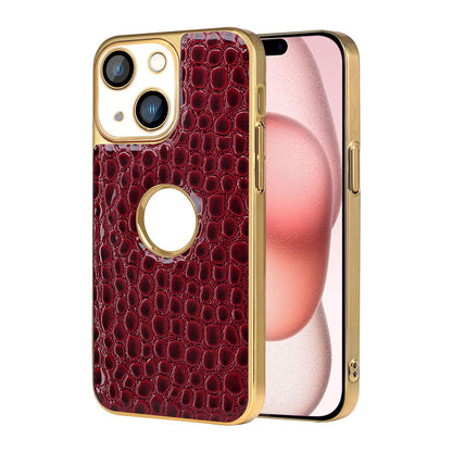 For iPhone 15 Pearl Crocodile Texture Electroplated Frame PC + Vegan Leather Phone Case - Red - EDA009690108F