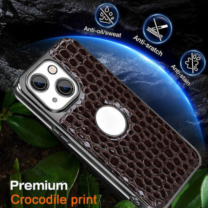 For iPhone 15 Pearl Crocodile Texture Electroplated Frame PC + Vegan Leather Phone Case - Red - EDA009690108F