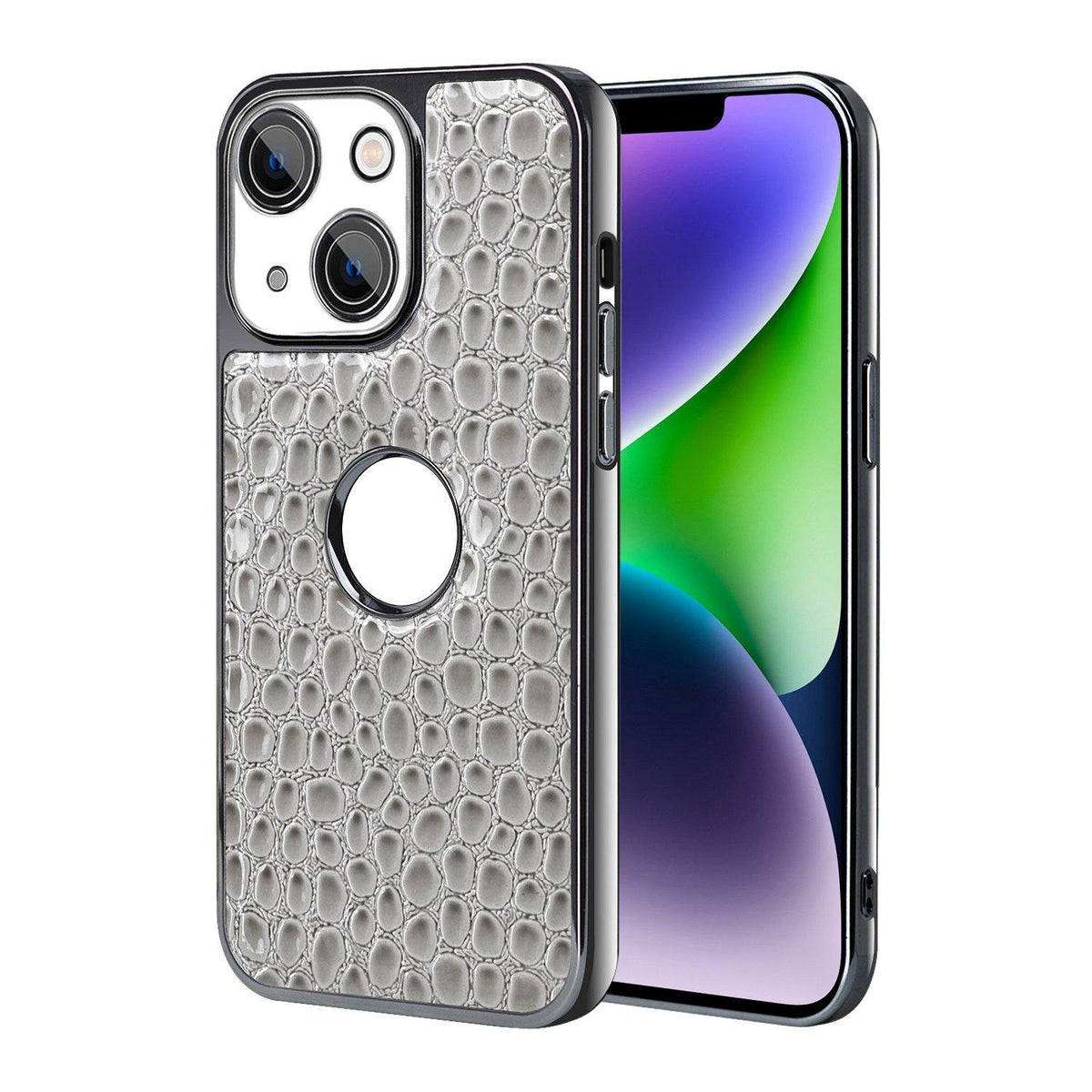 For iPhone 14 Plus Pearl Crocodile Texture Electroplated Frame PC + Vegan Leather Phone Case - Gray - EDA009690109A