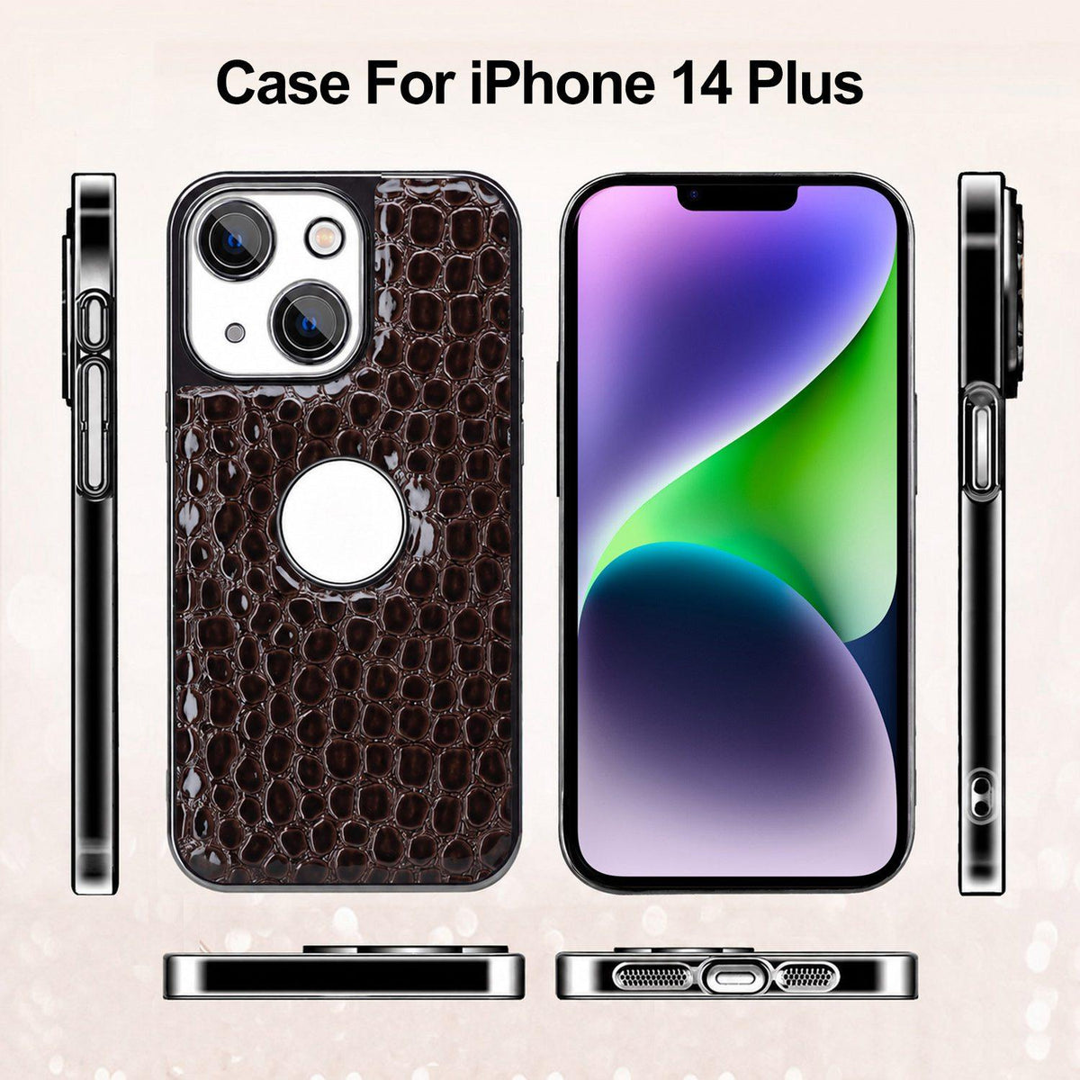 For iPhone 14 Plus Pearl Crocodile Texture Electroplated Frame PC + Vegan Leather Phone Case - Gray - EDA009690109A