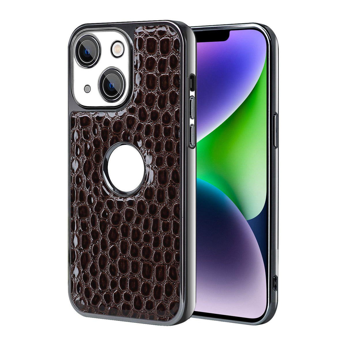 For iPhone 14 Plus Pearl Crocodile Texture Electroplated Frame PC + Vegan Leather Phone Case - Dark Brown - EDA009690109B