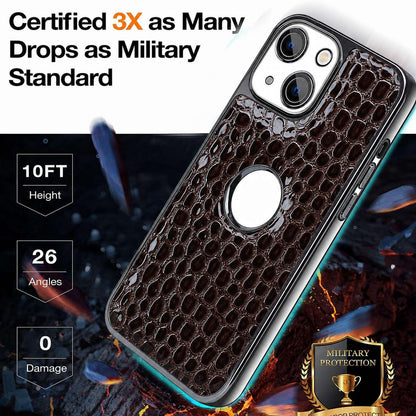 For iPhone 14 Plus Pearl Crocodile Texture Electroplated Frame PC + Vegan Leather Phone Case - Dark Brown - EDA009690109B