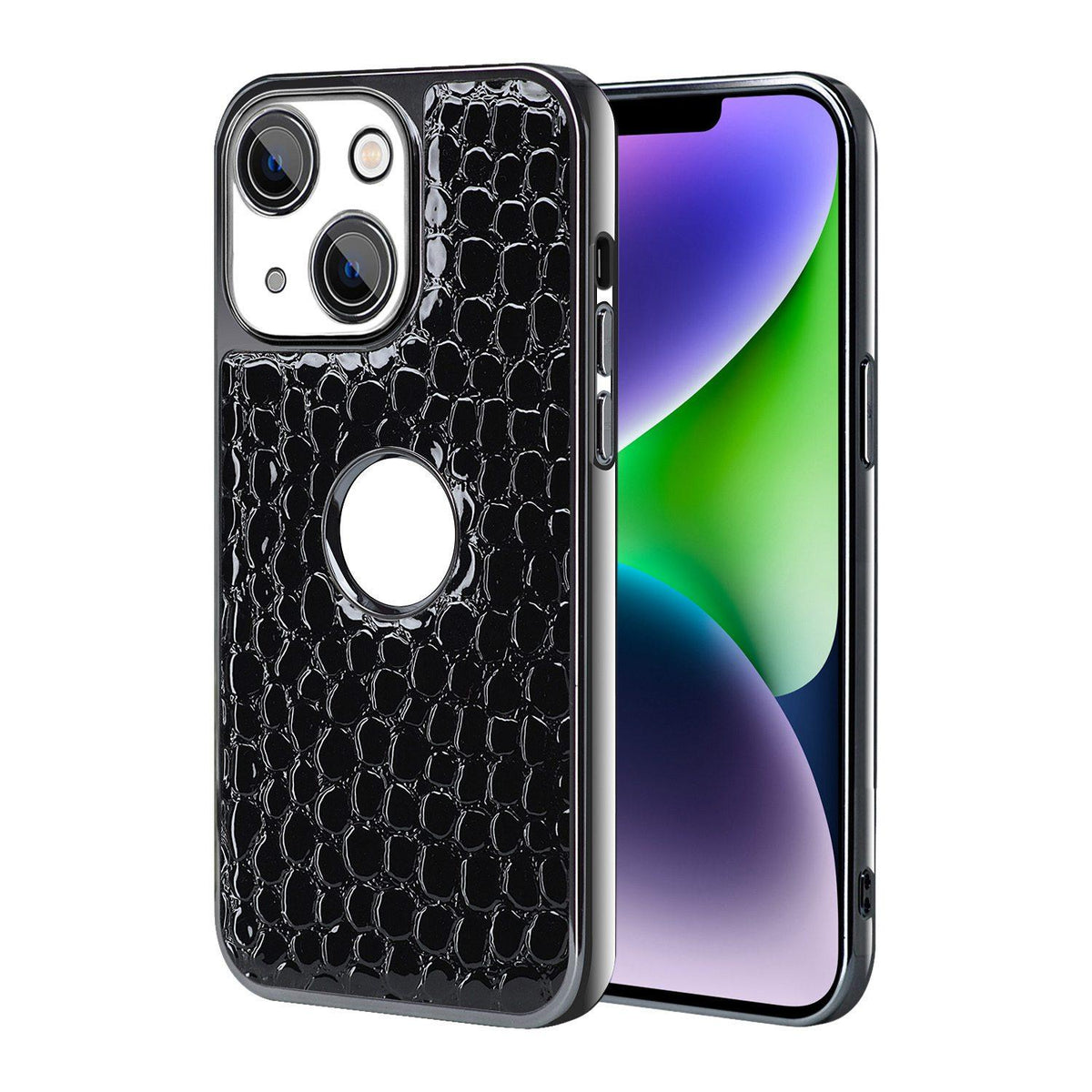 For iPhone 14 Plus Pearl Crocodile Texture Electroplated Frame PC + Vegan Leather Phone Case - Black - EDA009690109C