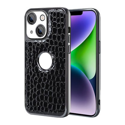 For iPhone 14 Plus Pearl Crocodile Texture Electroplated Frame PC + Vegan Leather Phone Case - Black - EDA009690109C