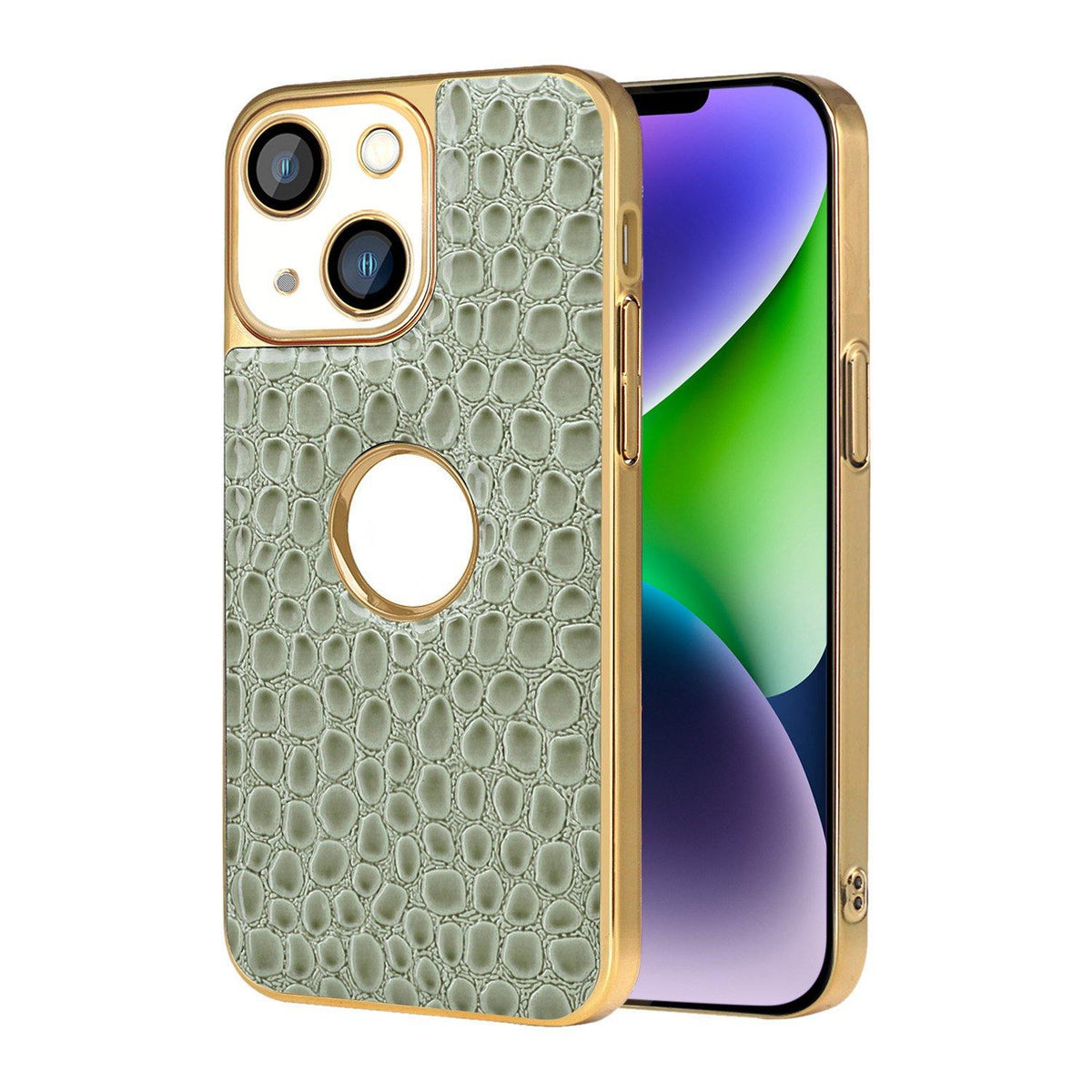 For iPhone 14 Plus Pearl Crocodile Texture Electroplated Frame PC + Vegan Leather Phone Case - Green - EDA009690109D