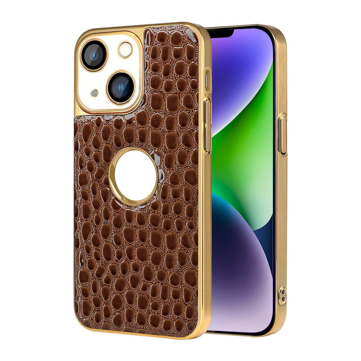 For iPhone 14 Plus Pearl Crocodile Texture Electroplated Frame PC + Vegan Leather Phone Case - Brown - EDA009690109E