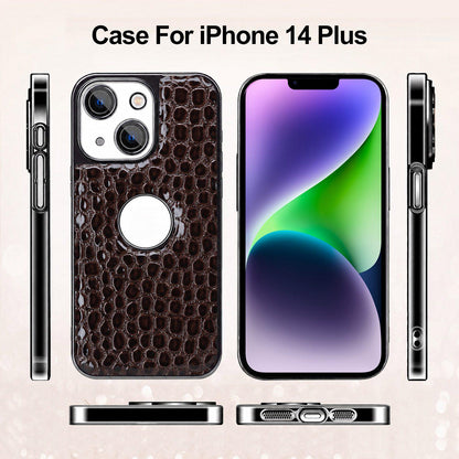 For iPhone 14 Plus Pearl Crocodile Texture Electroplated Frame PC + Vegan Leather Phone Case - Brown - EDA009690109E