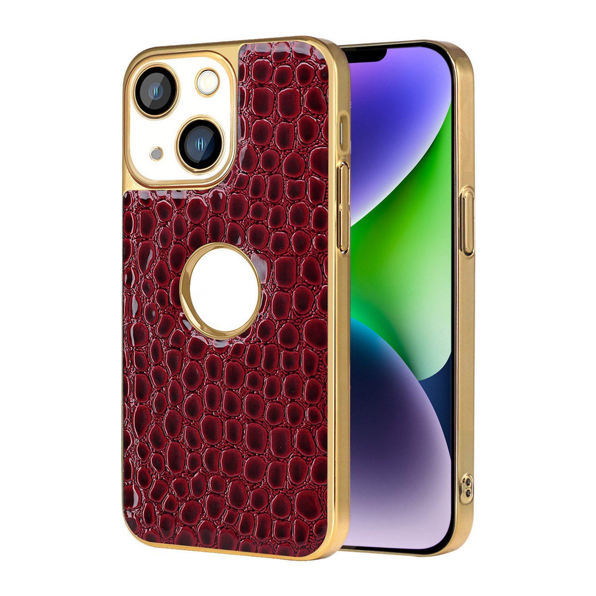 For iPhone 14 Plus Pearl Crocodile Texture Electroplated Frame PC + Vegan Leather Phone Case - Red - EDA009690109F