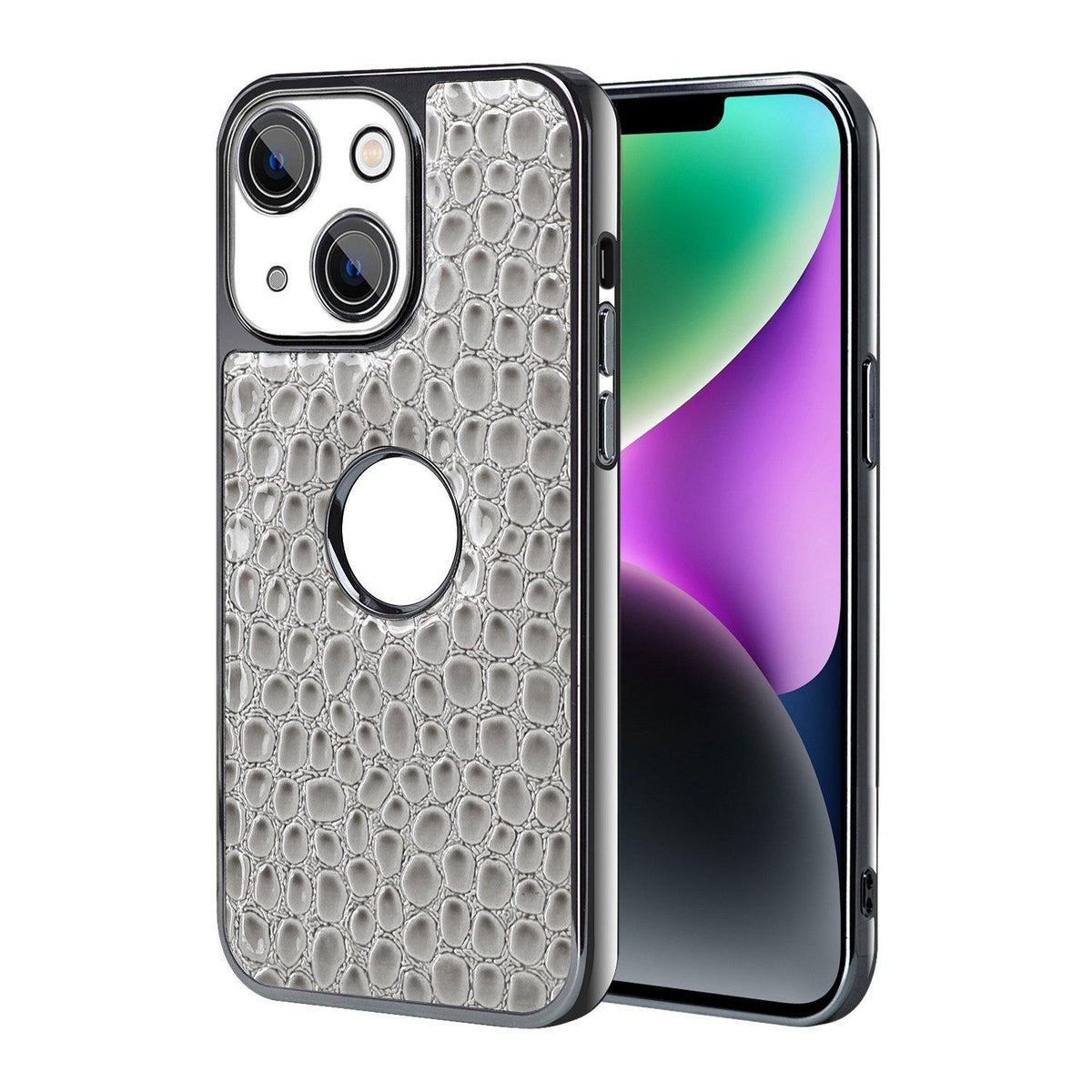 For iPhone 14 Pearl Crocodile Texture Electroplated Frame PC + Vegan Leather Phone Case - Gray - EDA009690110A