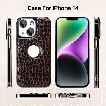 For iPhone 14 Pearl Crocodile Texture Electroplated Frame PC + Vegan Leather Phone Case - Gray - EDA009690110A