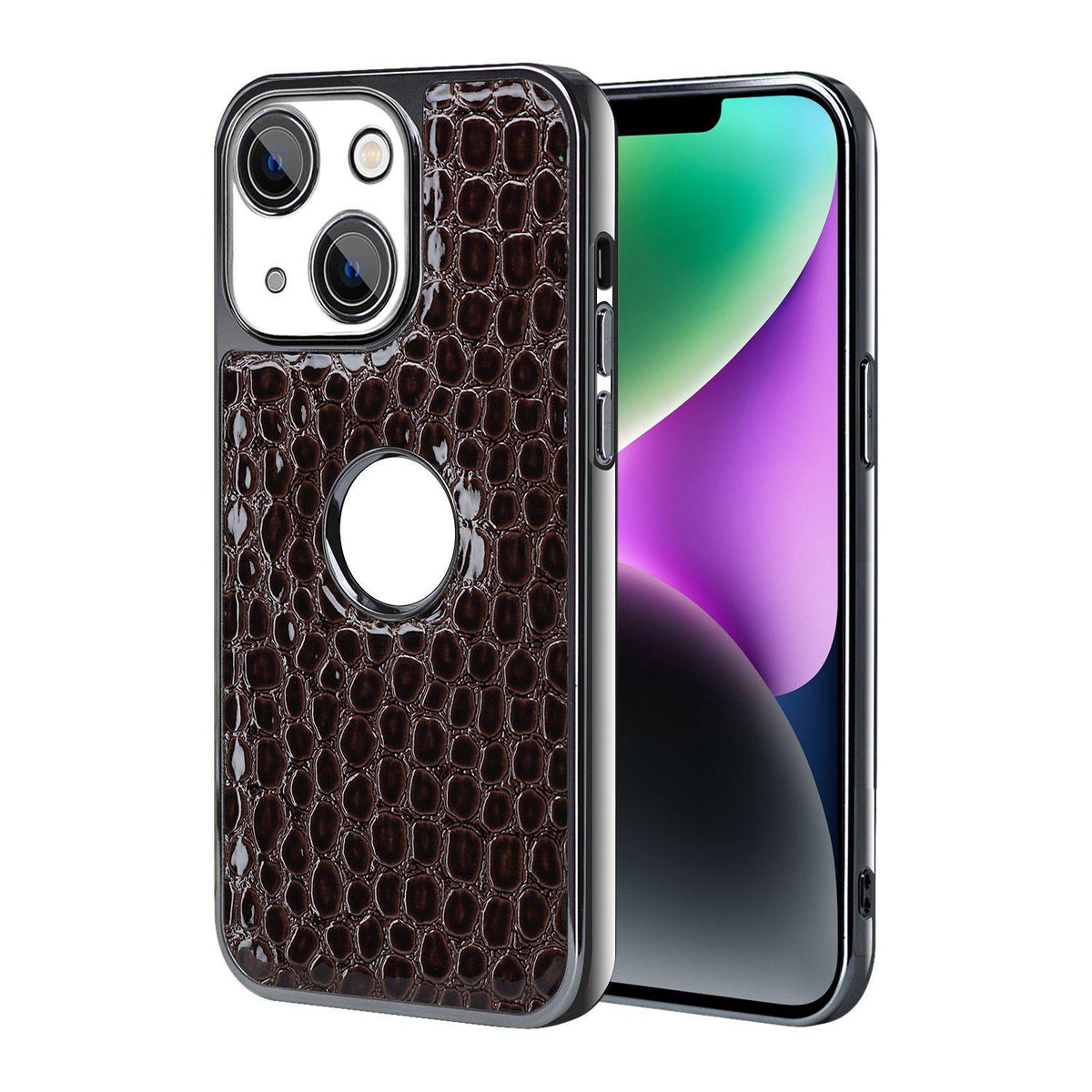 For iPhone 14 Pearl Crocodile Texture Electroplated Frame PC + Vegan Leather Phone Case - Dark Brown - EDA009690110B