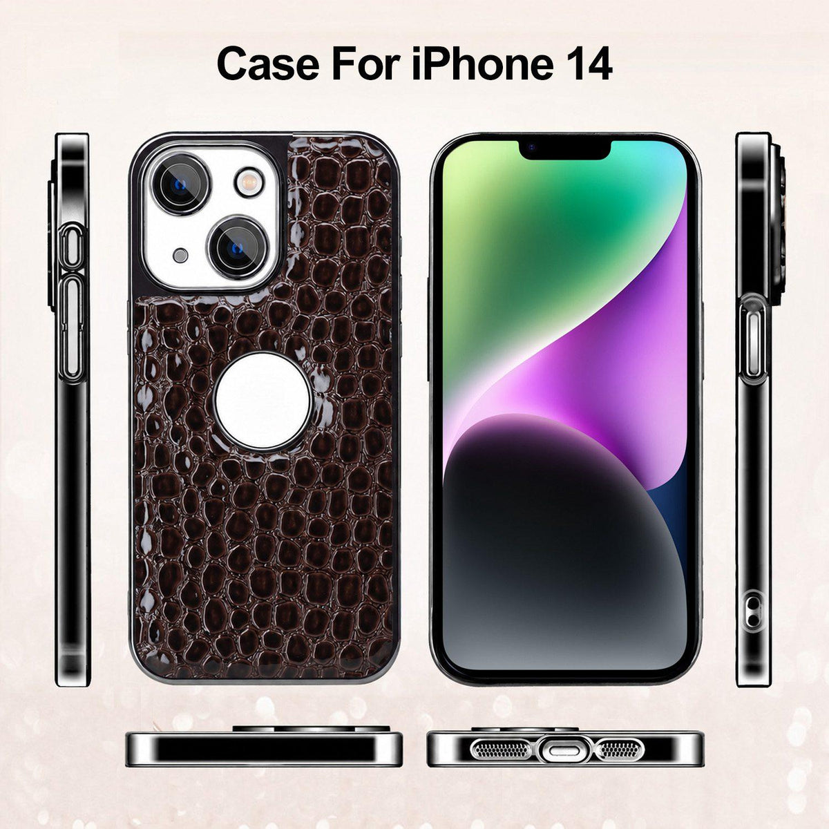 For iPhone 14 Pearl Crocodile Texture Electroplated Frame PC + Vegan Leather Phone Case - Dark Brown - EDA009690110B