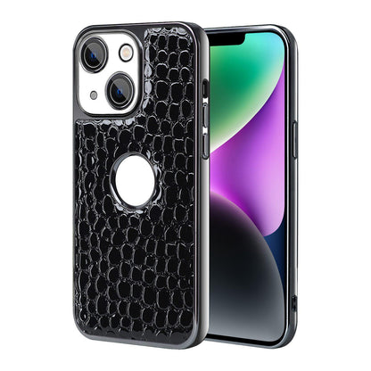 For iPhone 14 Pearl Crocodile Texture Electroplated Frame PC + Vegan Leather Phone Case - Black - EDA009690110C