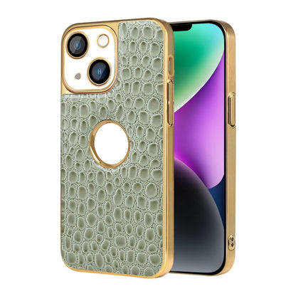 For iPhone 14 Pearl Crocodile Texture Electroplated Frame PC + Vegan Leather Phone Case - Green - EDA009690110D