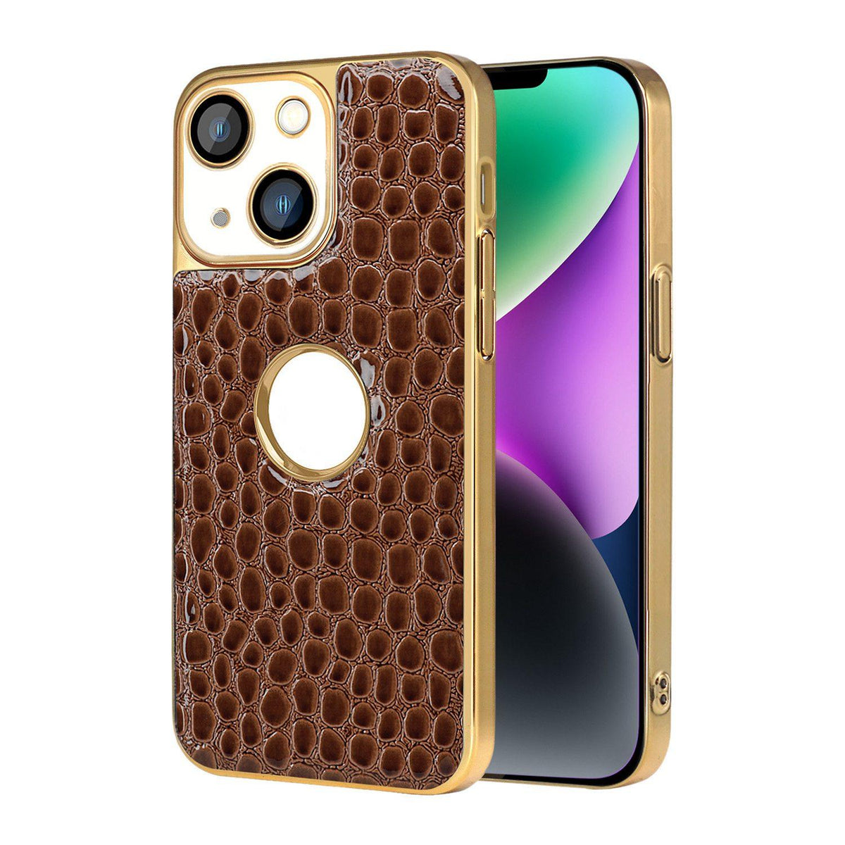 For iPhone 14 Pearl Crocodile Texture Electroplated Frame PC + Vegan Leather Phone Case - Brown - EDA009690110E