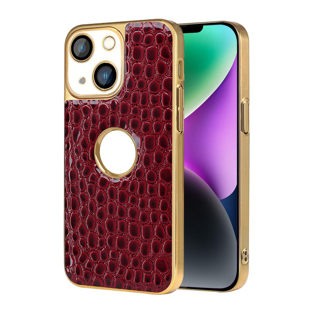 For iPhone 14 Pearl Crocodile Texture Electroplated Frame PC + Vegan Leather Phone Case - Red - EDA009690110F