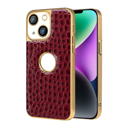 For iPhone 14 Pearl Crocodile Texture Electroplated Frame PC + Vegan Leather Phone Case - Red - EDA009690110F