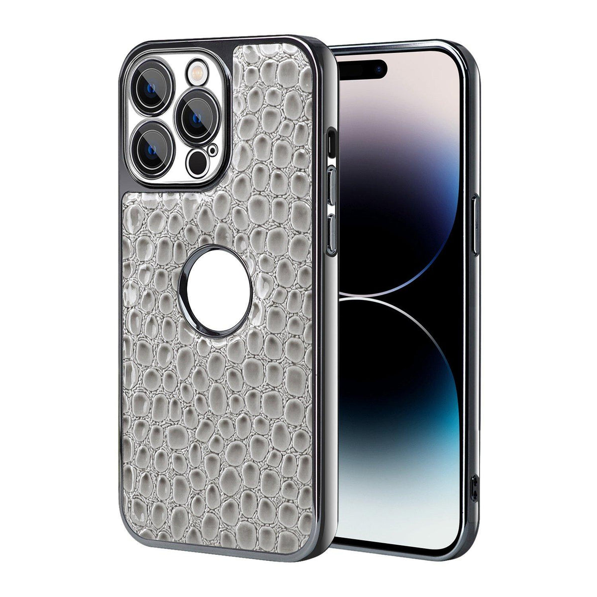 For iPhone 14 Pro Pearl Crocodile Texture Electroplated Frame PC + Vegan Leather Phone Case - Gray - EDA009690111A