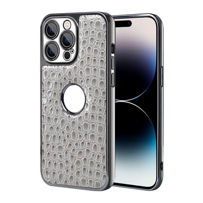 For iPhone 14 Pro Pearl Crocodile Texture Electroplated Frame PC + Vegan Leather Phone Case - Gray - EDA009690111A