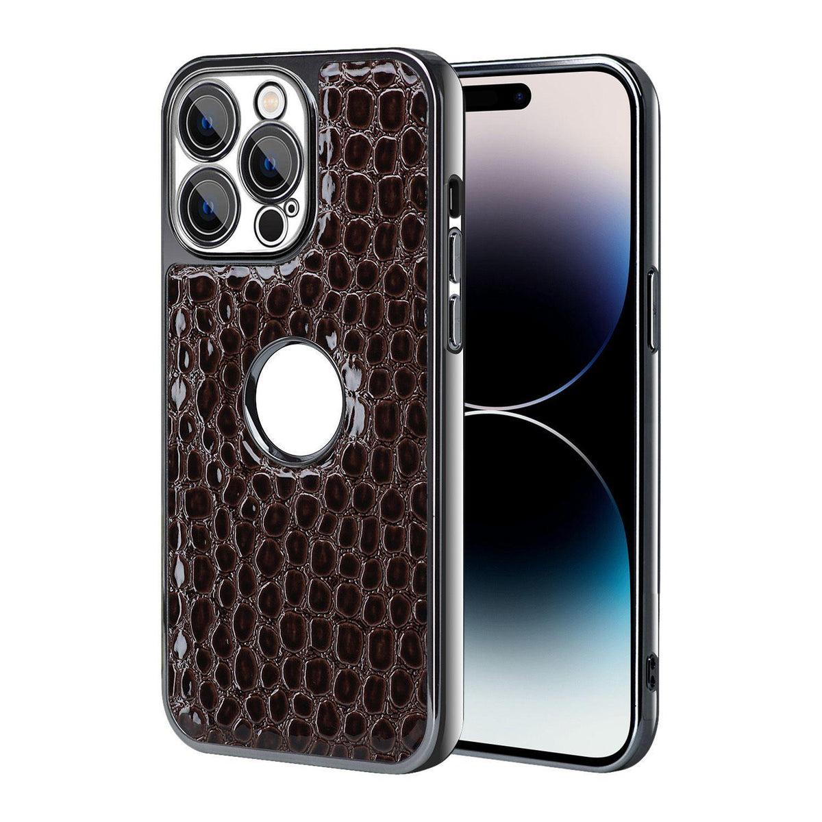 For iPhone 14 Pro Pearl Crocodile Texture Electroplated Frame PC + Vegan Leather Phone Case - Dark Brown - EDA009690111B