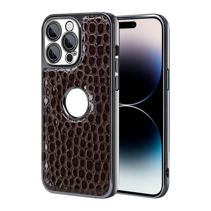 For iPhone 14 Pro Pearl Crocodile Texture Electroplated Frame PC + Vegan Leather Phone Case - Dark Brown - EDA009690111B