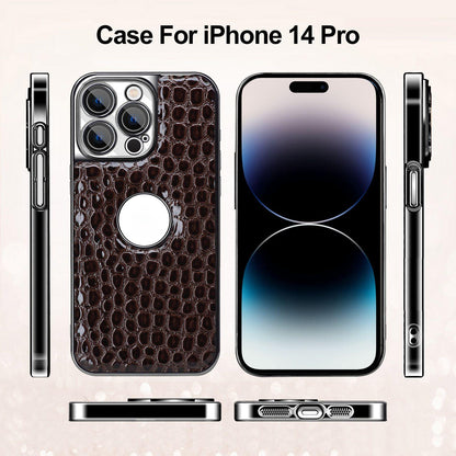 For iPhone 14 Pro Pearl Crocodile Texture Electroplated Frame PC + Vegan Leather Phone Case - Dark Brown - EDA009690111B