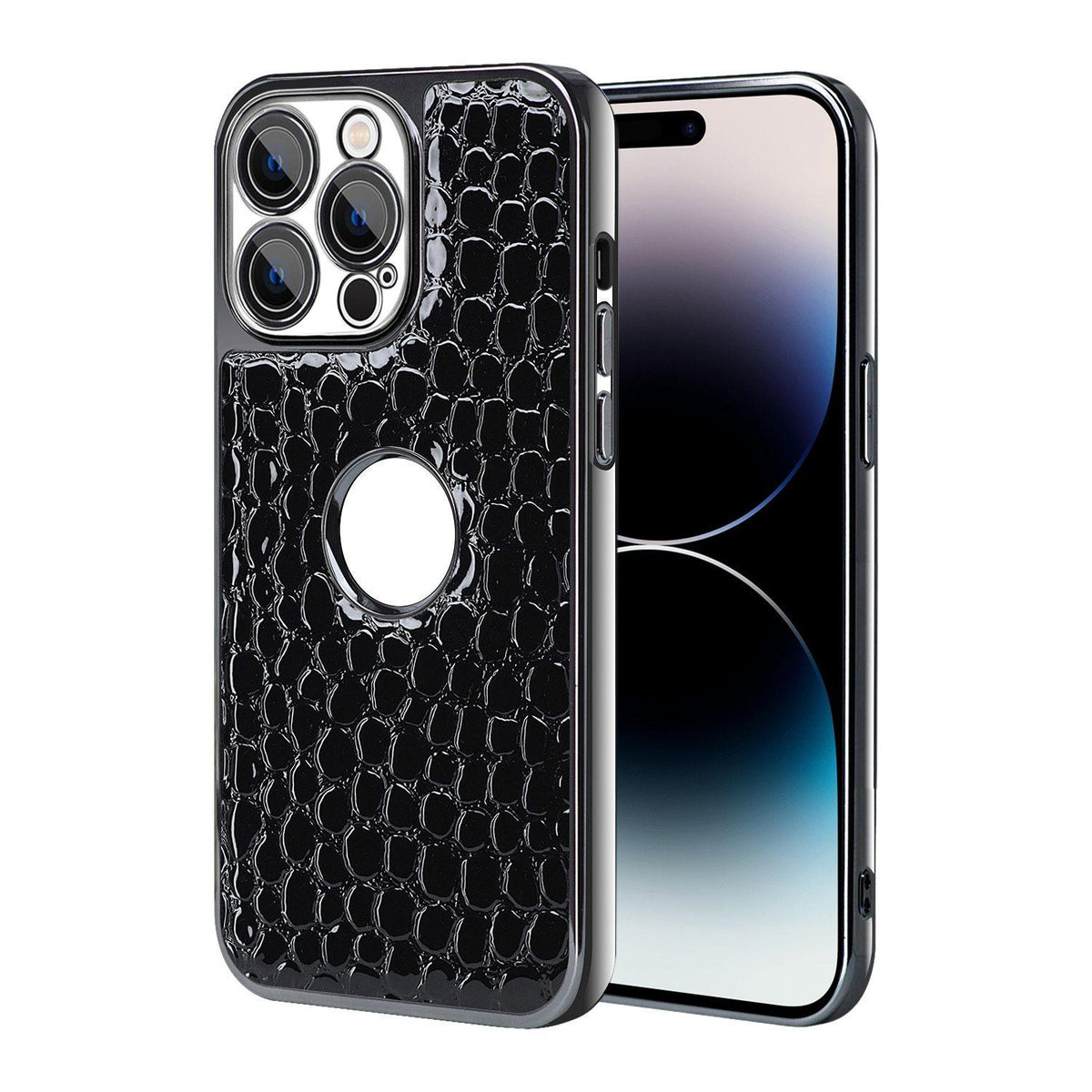 For iPhone 14 Pro Pearl Crocodile Texture Electroplated Frame PC + Vegan Leather Phone Case - Black - EDA009690111C