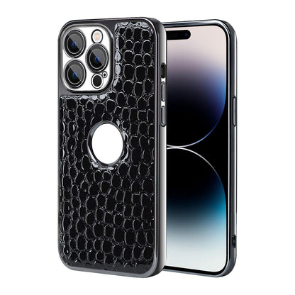 For iPhone 14 Pro Pearl Crocodile Texture Electroplated Frame PC + Vegan Leather Phone Case - Black - EDA009690111C