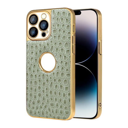 For iPhone 14 Pro Pearl Crocodile Texture Electroplated Frame PC + Vegan Leather Phone Case - Green - EDA009690111D