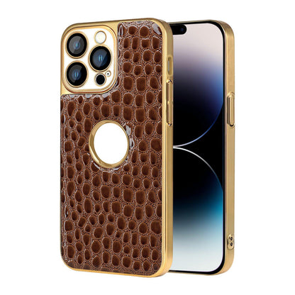 For iPhone 14 Pro Pearl Crocodile Texture Electroplated Frame PC + Vegan Leather Phone Case - Brown - EDA009690111E
