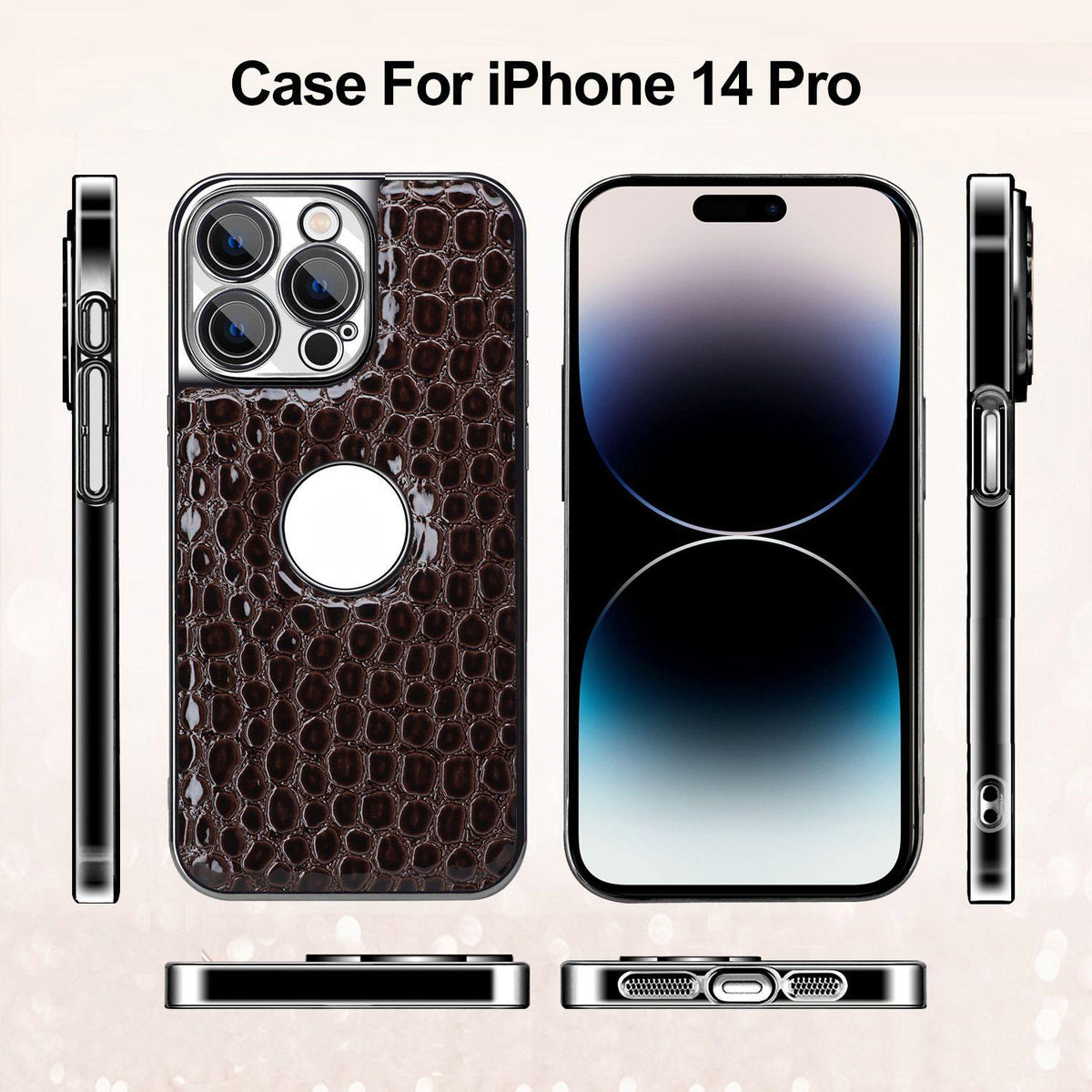 For iPhone 14 Pro Pearl Crocodile Texture Electroplated Frame PC + Vegan Leather Phone Case - Brown - EDA009690111E