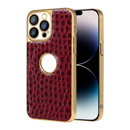 For iPhone 14 Pro Pearl Crocodile Texture Electroplated Frame PC + Vegan Leather Phone Case - Red - EDA009690111F