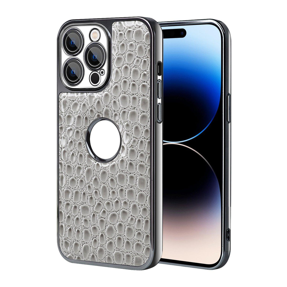 For iPhone 14 Pro Max Pearl Crocodile Texture Electroplated Frame PC + Vegan Leather Phone Case - Gray - EDA009690112A