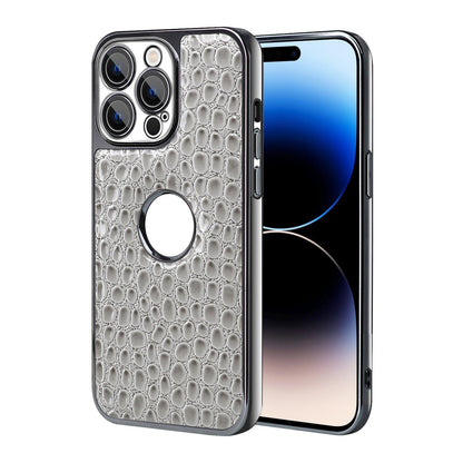 For iPhone 14 Pro Max Pearl Crocodile Texture Electroplated Frame PC + Vegan Leather Phone Case - Gray - EDA009690112A