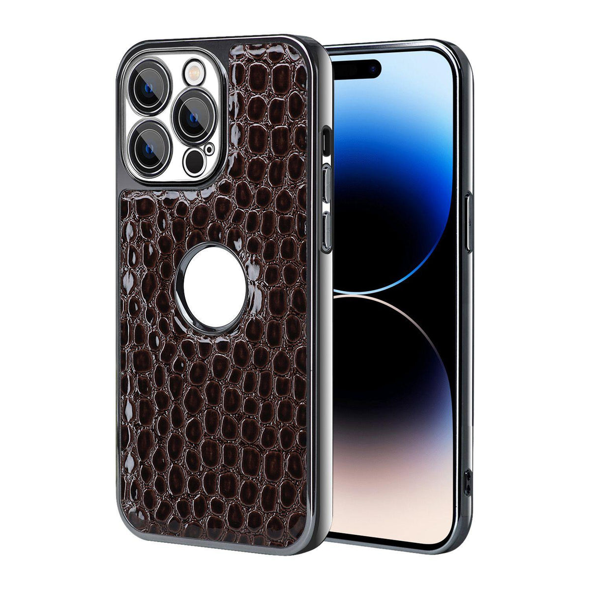 For iPhone 14 Pro Max Pearl Crocodile Texture Electroplated Frame PC + Vegan Leather Phone Case - Dark Brown - EDA009690112B