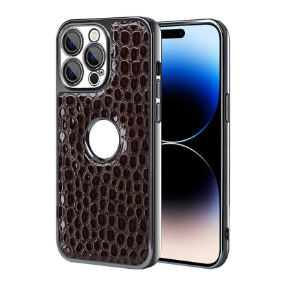 For iPhone 14 Pro Max Pearl Crocodile Texture Electroplated Frame PC + Vegan Leather Phone Case - Dark Brown - EDA009690112B