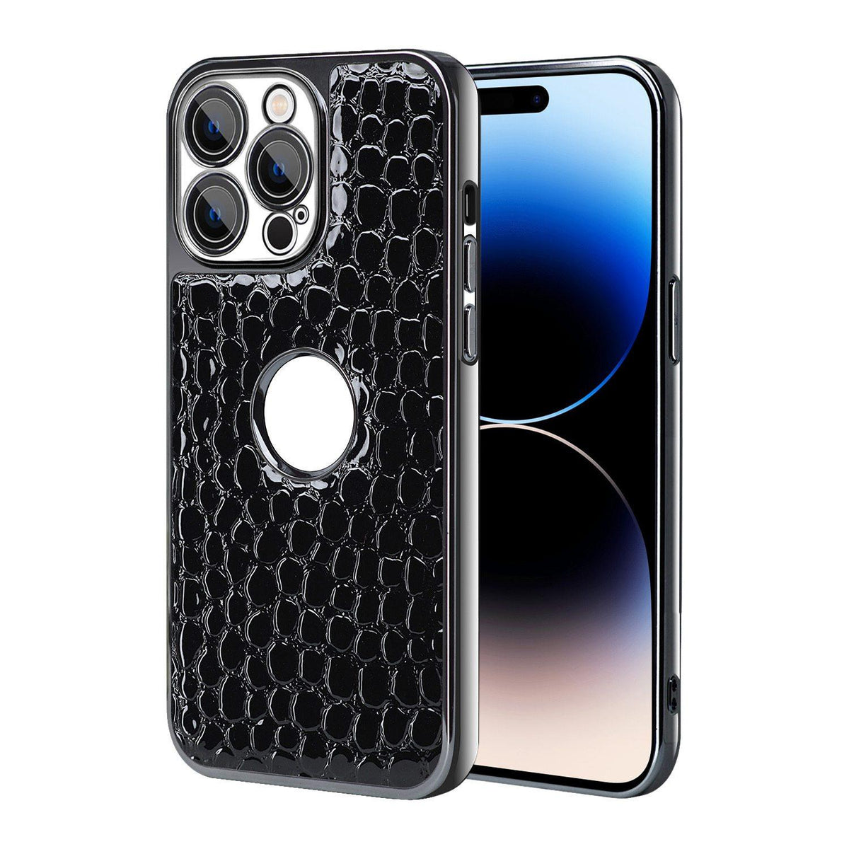 For iPhone 14 Pro Max Pearl Crocodile Texture Electroplated Frame PC + Vegan Leather Phone Case - Black - EDA009690112C