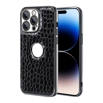 For iPhone 14 Pro Max Pearl Crocodile Texture Electroplated Frame PC + Vegan Leather Phone Case - Black - EDA009690112C