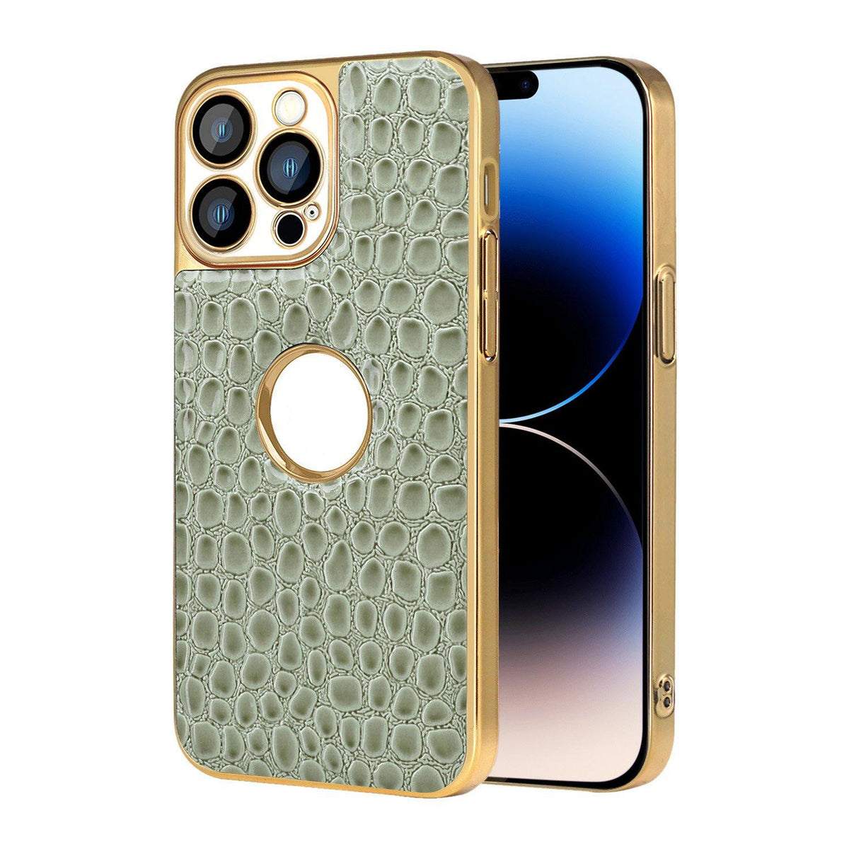 For iPhone 14 Pro Max Pearl Crocodile Texture Electroplated Frame PC + Vegan Leather Phone Case - Green - EDA009690112D