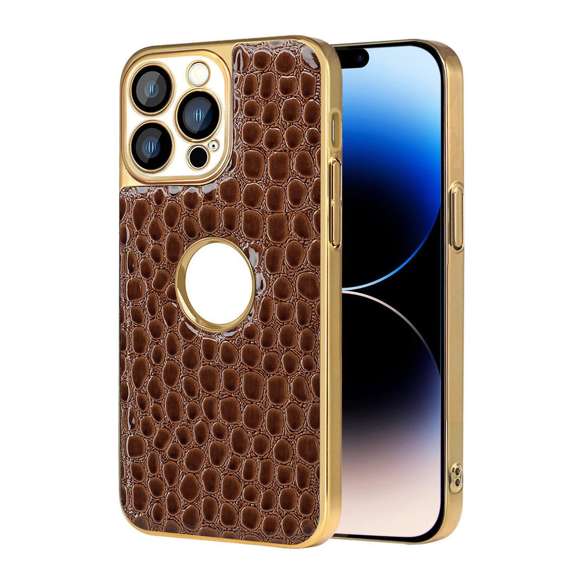 For iPhone 14 Pro Max Pearl Crocodile Texture Electroplated Frame PC + Vegan Leather Phone Case - Brown - EDA009690112E