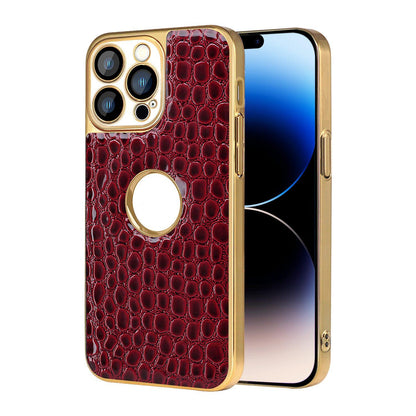For iPhone 14 Pro Max Pearl Crocodile Texture Electroplated Frame PC + Vegan Leather Phone Case - Red - EDA009690112F