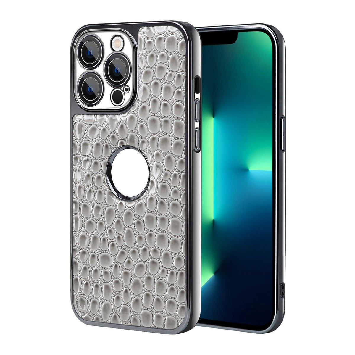 For iPhone 13 Pro Max Pearl Crocodile Texture Electroplated Frame PC + Vegan Leather Phone Case - Gray - EDA009690113A