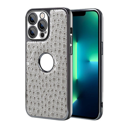 For iPhone 13 Pro Max Pearl Crocodile Texture Electroplated Frame PC + Vegan Leather Phone Case - Gray - EDA009690113A