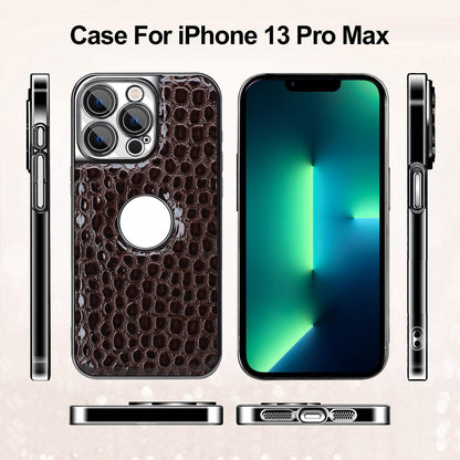For iPhone 13 Pro Max Pearl Crocodile Texture Electroplated Frame PC + Vegan Leather Phone Case - Gray - EDA009690113A
