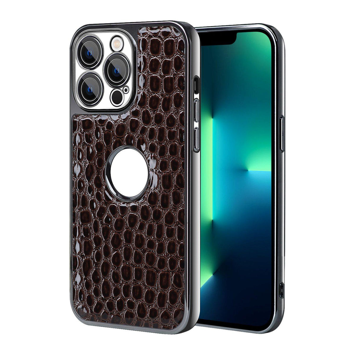 For iPhone 13 Pro Max Pearl Crocodile Texture Electroplated Frame PC + Vegan Leather Phone Case - Dark Brown - EDA009690113B
