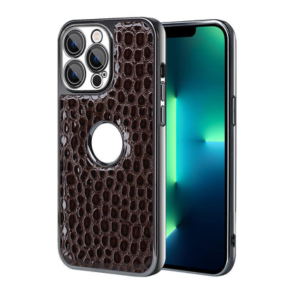 For iPhone 13 Pro Max Pearl Crocodile Texture Electroplated Frame PC + Vegan Leather Phone Case - Dark Brown - EDA009690113B