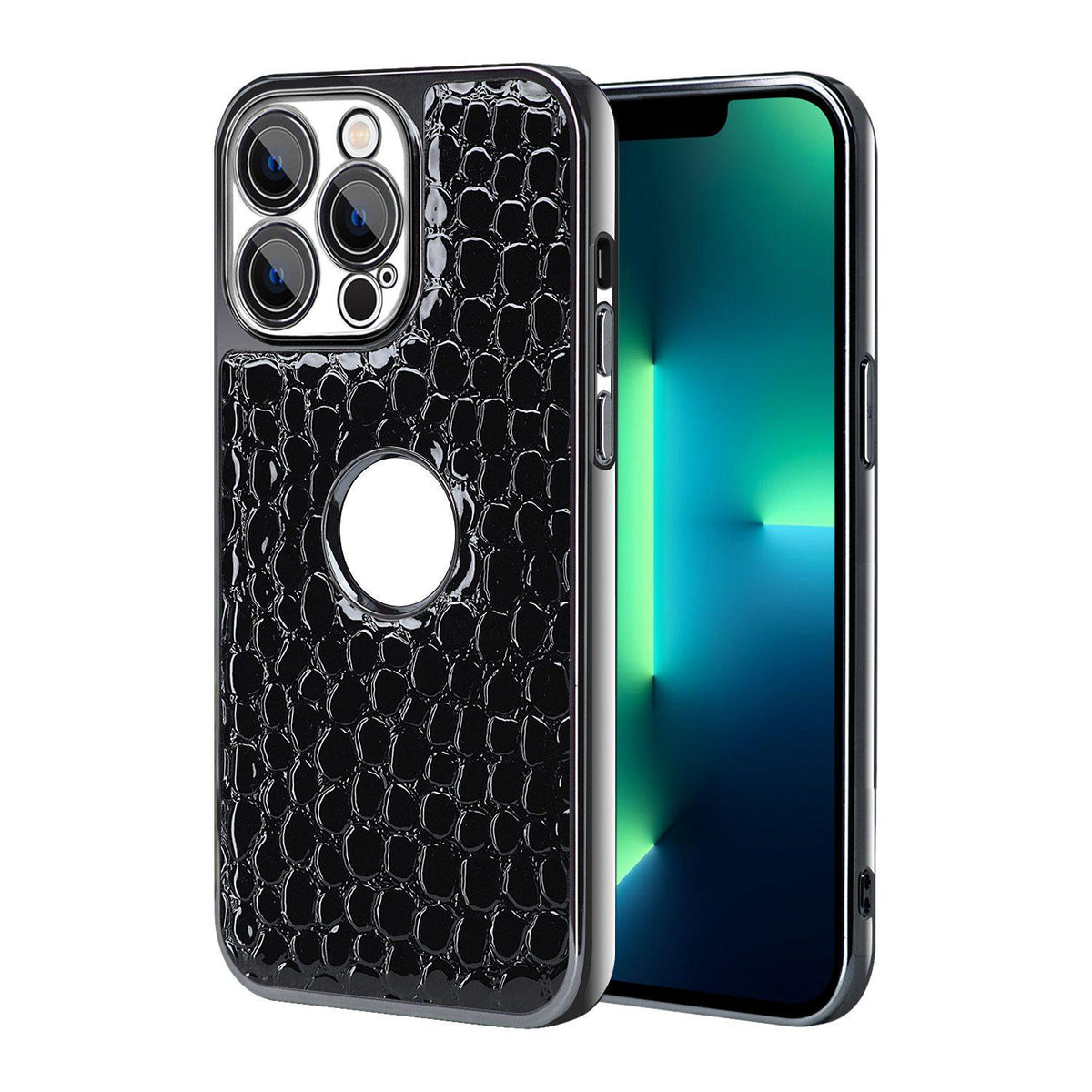 For iPhone 13 Pro Max Pearl Crocodile Texture Electroplated Frame PC + Vegan Leather Phone Case - Black - EDA009690113C