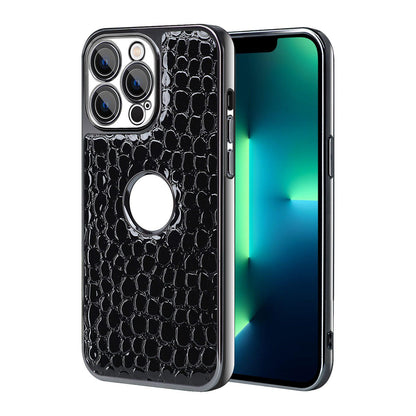For iPhone 13 Pro Max Pearl Crocodile Texture Electroplated Frame PC + Vegan Leather Phone Case - Black - EDA009690113C