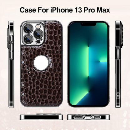 For iPhone 13 Pro Max Pearl Crocodile Texture Electroplated Frame PC + Vegan Leather Phone Case - Black - EDA009690113C