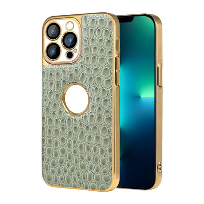 For iPhone 13 Pro Max Pearl Crocodile Texture Electroplated Frame PC + Vegan Leather Phone Case - Green - EDA009690113D